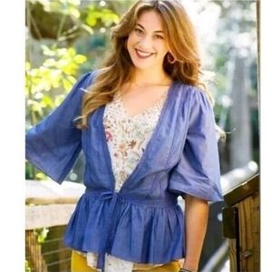 Matilda Jane Hour‎ By Hour Chambray Jacket Blouse Tie Peplum Waist Size Large